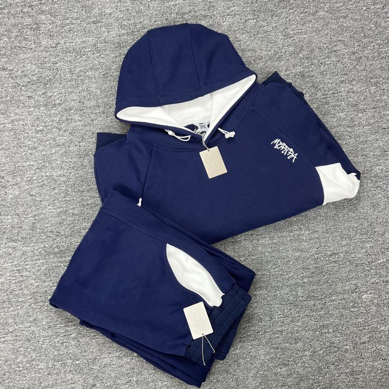 Unisex American Patchwork Batwing Sleeve Embroidered Fleece Hoodie and Casual Pants Set
