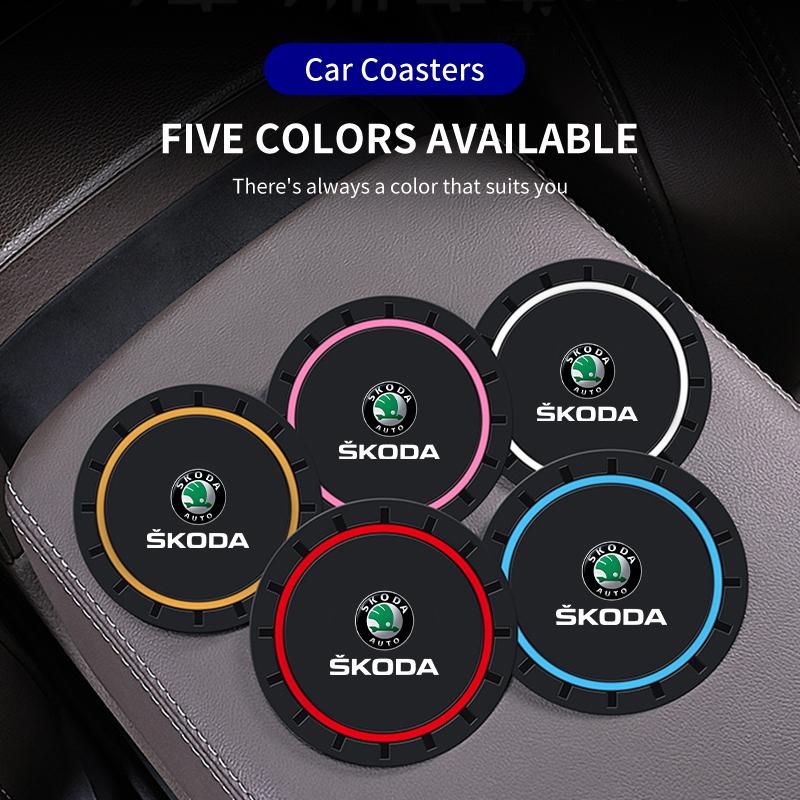 KJGK5 2Pcs Car Silicone Coaster Anti-Slip Water Cup Drink Mat For Skoda Octavia Kodiaq Fabia Superb Rapid Karoq Kamiq Roomster Citigo