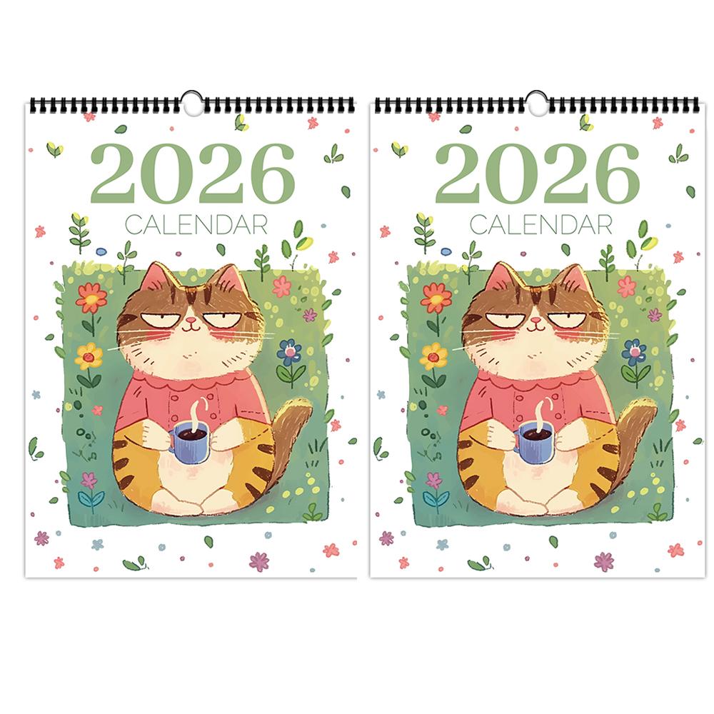 2026 Niedlicher Katzen-Wandkalender - Spiralaufhängungskalender mit 12 handgezeichneten Katzenmotiven 12-Monats-Planer für Zuhause/Büro