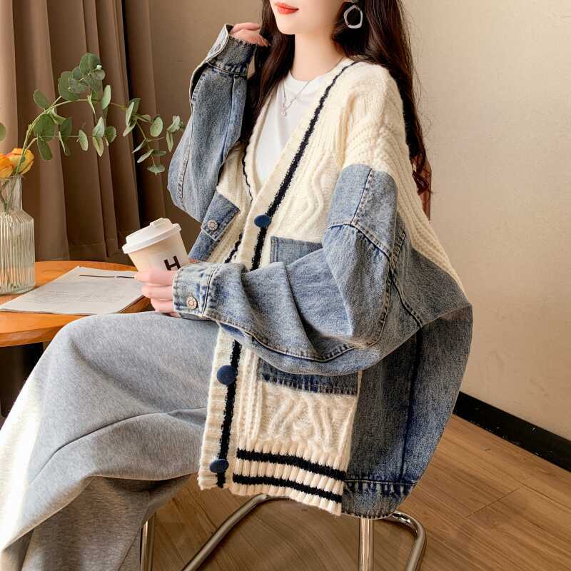 Japan and South Korea autumn and winter large size loose casual versatile cardigan sweater fat mm design sense splicing knitted denim jacket women