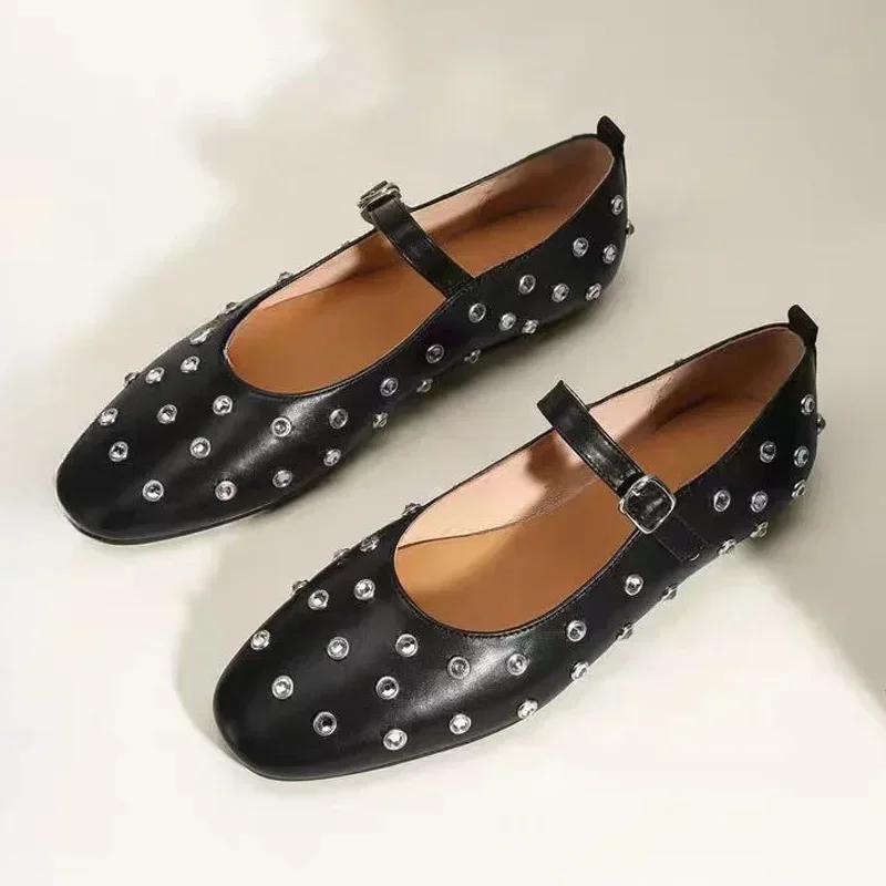 Low Heel Mary Jane Shoes for Women with Rivets and Rhinestones, Comfortable and Stylish Flats for Autumn  flat shoes women