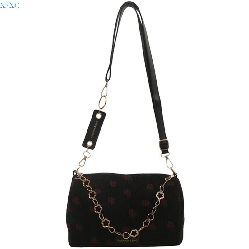 X7XC Fashionable Women s Corduroy Crossbody Bag Soft Pillow Shaped Purse with Chain чёрный