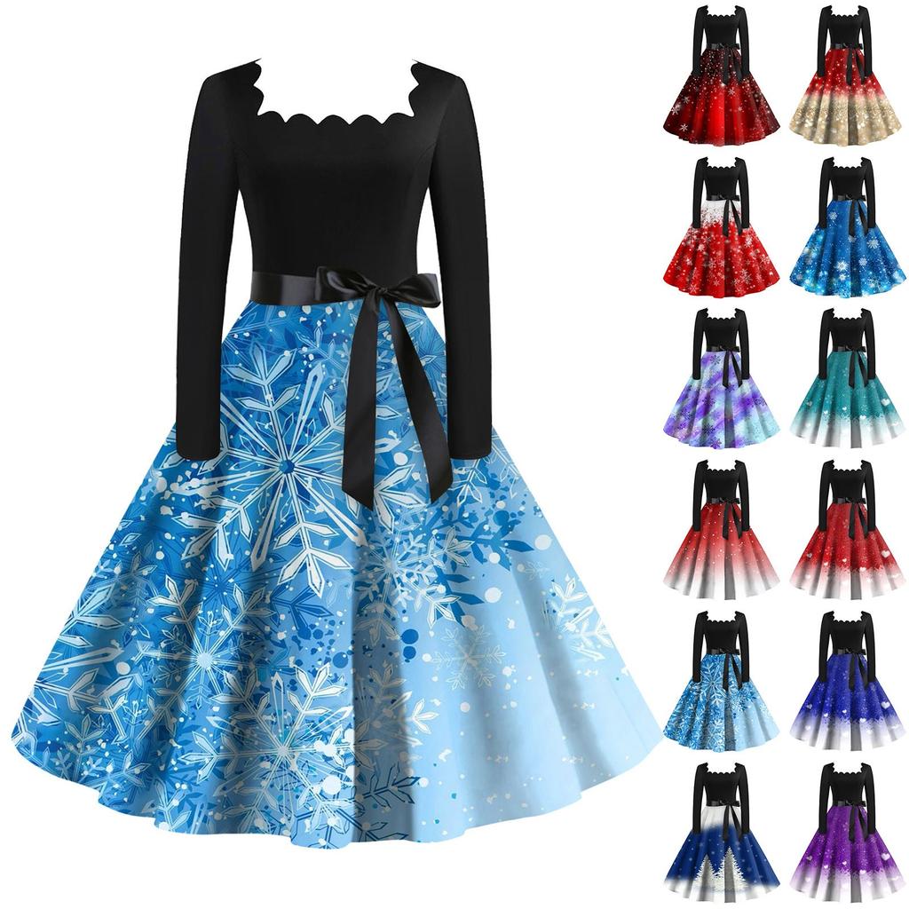 Dámské módní ležérní šaty s čtvercovým výstřihem, slim, s vánočním potiskem, s dlouhým rukávem