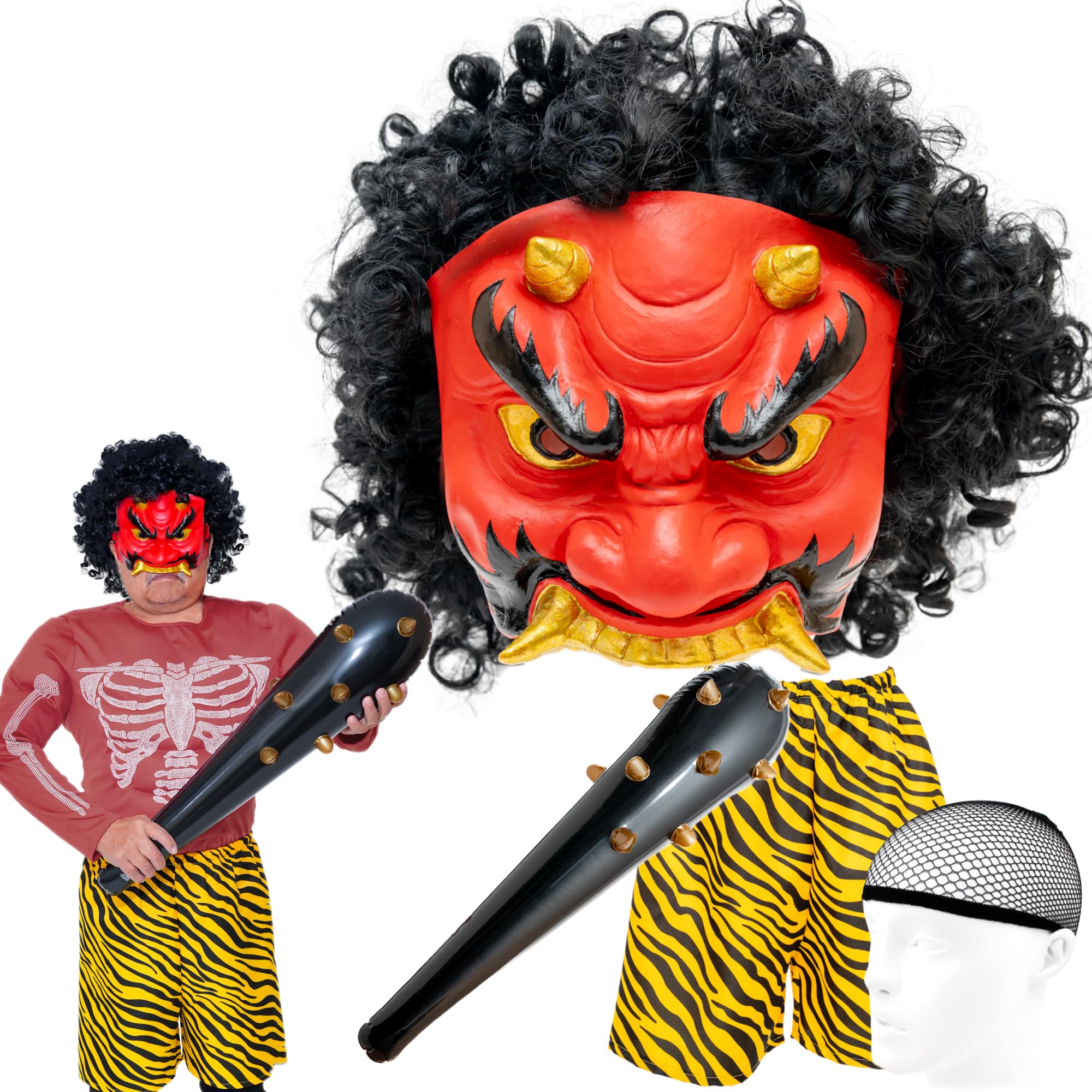 

Маска для лица Setsubun, красная, синяя, хання и брюки Oni, черный парик Oni, брюки Oni [XP Design] Комплект, Oni, Oni, парик, клуб, (Красный + + а)