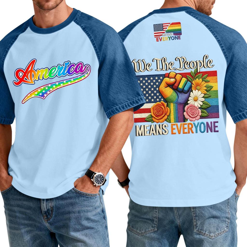 Men's Casual Short Sleeve T-Shirt Denim Patchwork Comfortable Fit Crew Neck Top with Printed Graphic Design Suitable for Everyday Wear