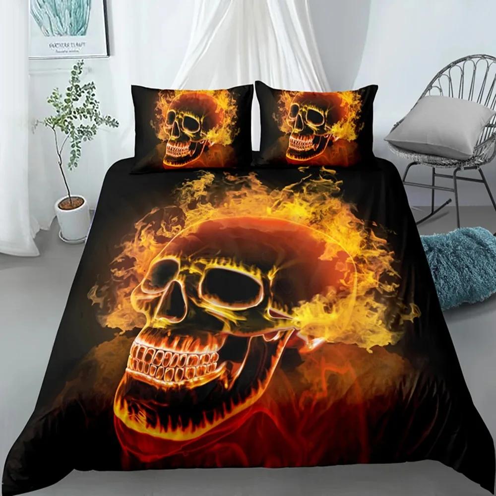 Skull Duvet Cover King, Halloween Comforter Cover,Gothic Fog Smoke Skull Skeleton Bedding Set,Grey Quilt Cover Room Decor