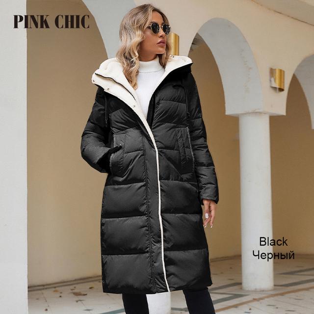 PINK CHIC 2023 Winter Coat For Women Down Jackets Fashion Thick Padding Women's Parka Warm Fur Collar Hooded Long Female  8268