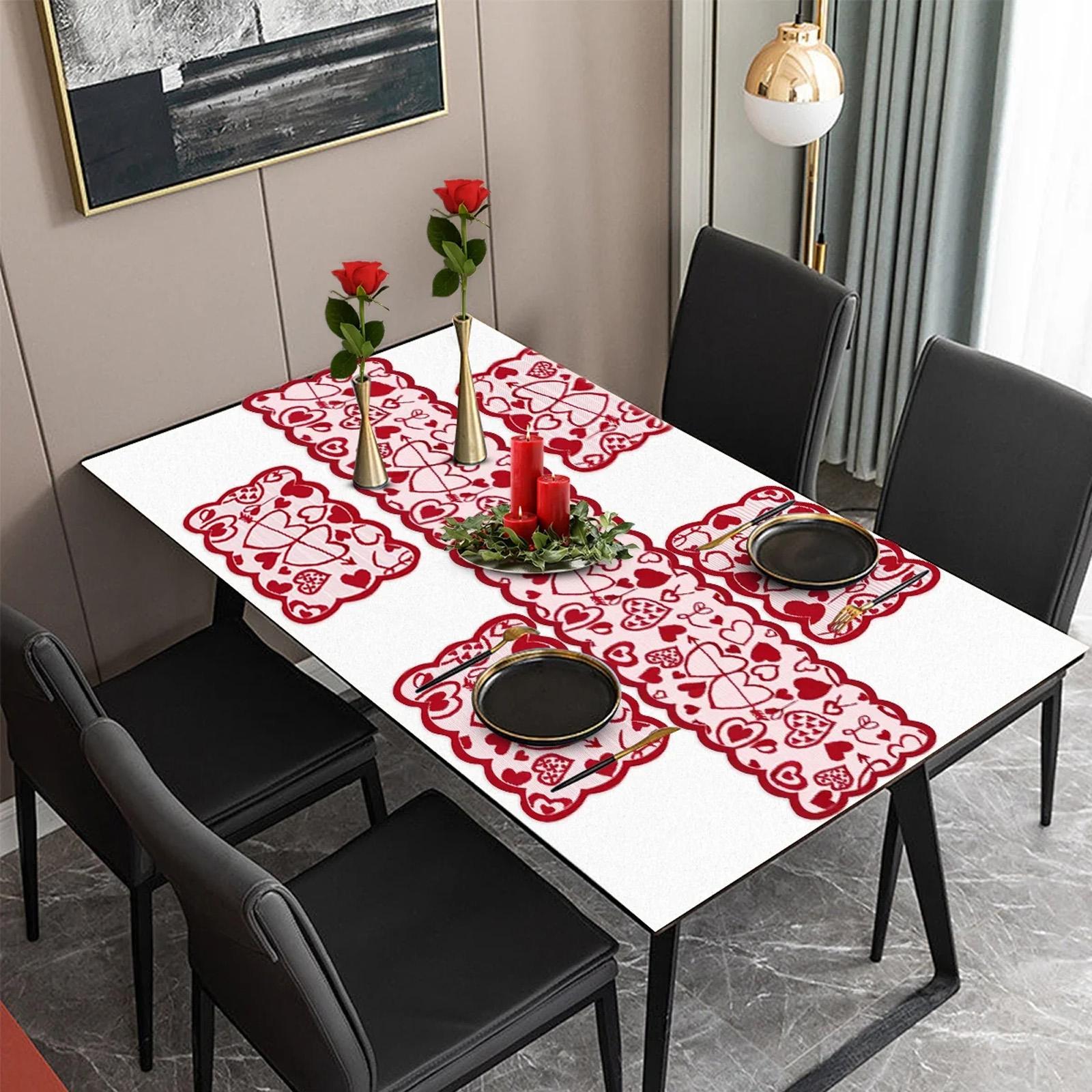 Valentine s Day Table Runner And Placemats- Red, Set Of 5 1PC Lace Heart Table Runner And 4 PCS Lace Table Placemats One Size
