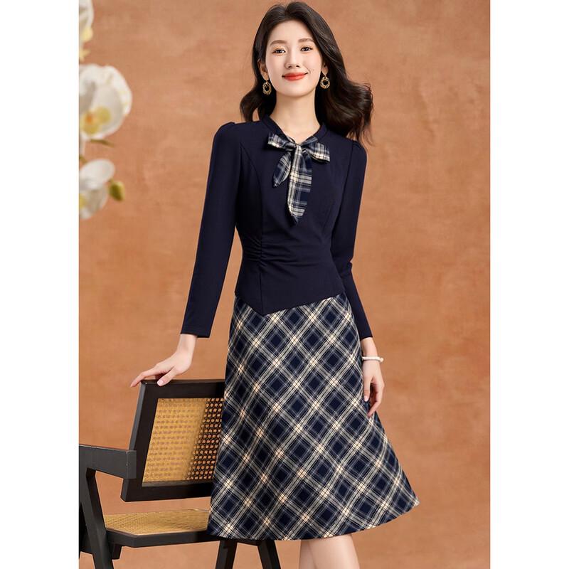 

Kebei er Women s Plaid Patchwork Bow Fake Two-Piece Midi Dress 2XL