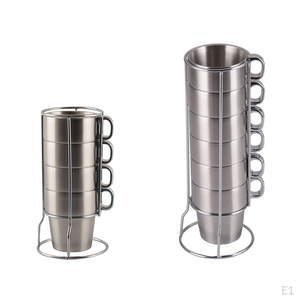 300ml Stainless Steel Mugs - Double Walled Insulated W/ Rack , Silver, 6Mugs and Holder
