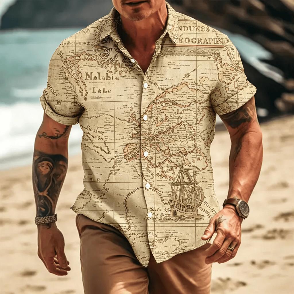 Koszula z krótkim rękawem i nadrukiem mapy pirackiej, Vintage Casual Essential
