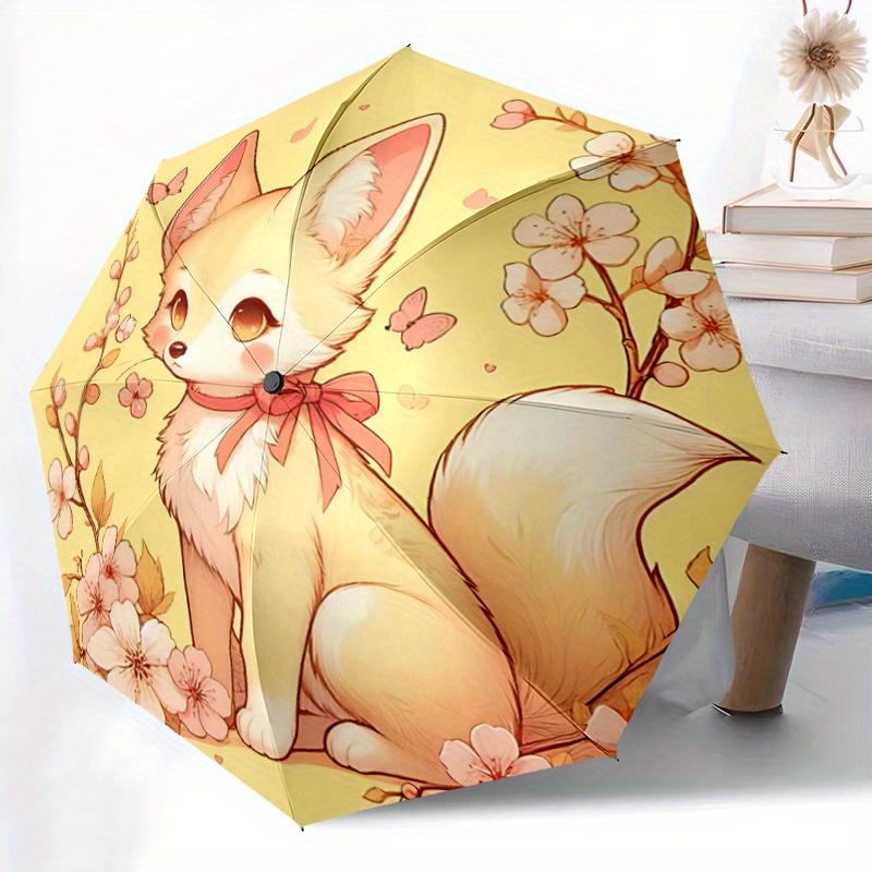 1pc Fox & Flower Pattern Beautiful Looking Automatic Folding Fashion Umbrella, 3 Folding, 8 Pole Frame Design, Durable and Suitable for Travel and Dai