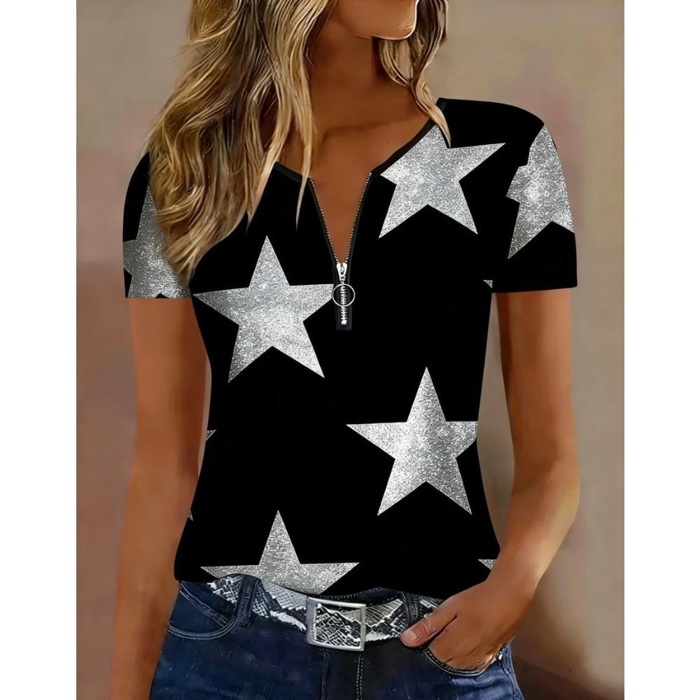 Women's Polo Shirt with Fashionable Zipper and Geometric Design, Suitable for Daily Casual Wear
