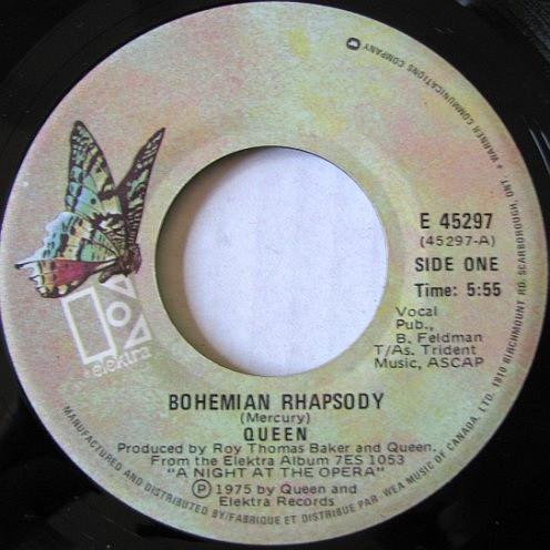 

7inch Record QUEEN Bohemian Rhapsody E45297 Elektra 1975 Canada Rock Used