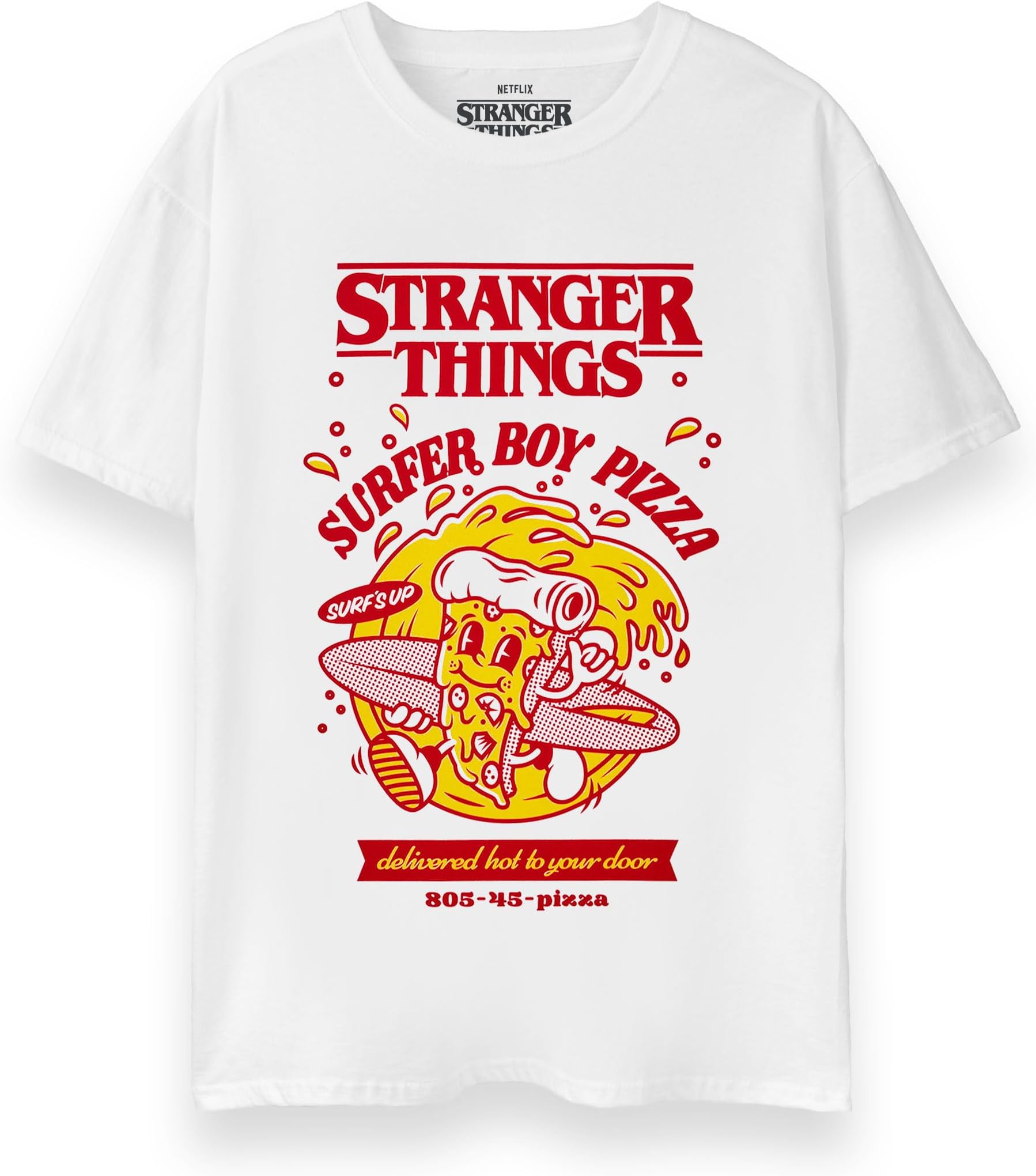 Stranger Things Mens T-Shirt | Adults Surfer Pizza Boy White Short Sleeve Graphic Tee | Retro Style Classic Logo Apparel Top XL