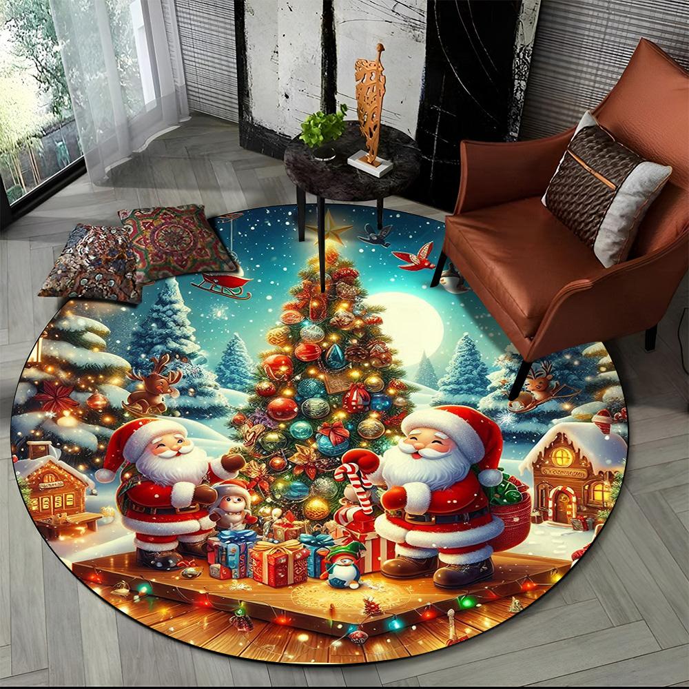 Cartoon Weihnachtsmann Frohe Weihnachten Schneemann Neujahr Runder Teppich für Schlafzimmer Wohnzimmer Sofadekoration, Dekor Bodenteppich