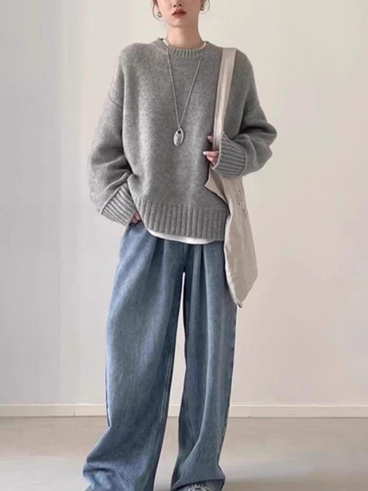 Women's European-Style Heavy-Weight Pure Wool Round-Neck Sweater, Thick & Loose Mid-Length Cashmere Pullover