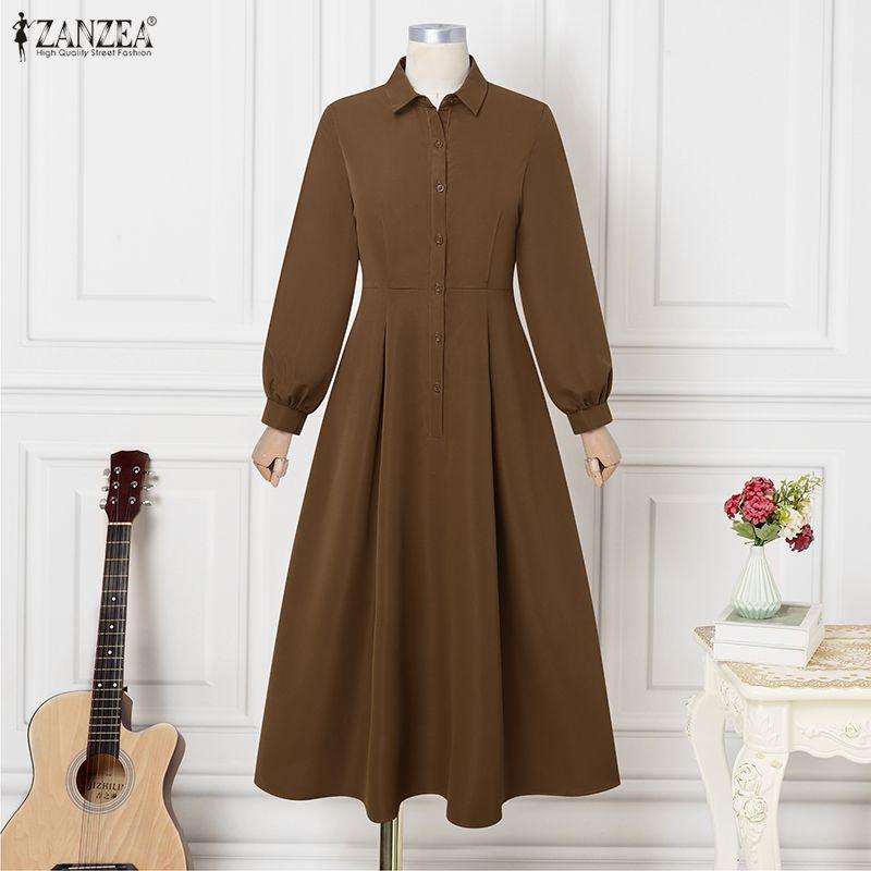 ZANZEA Dámské ležérní šaty s límečkem s volným dlouhým rukávem