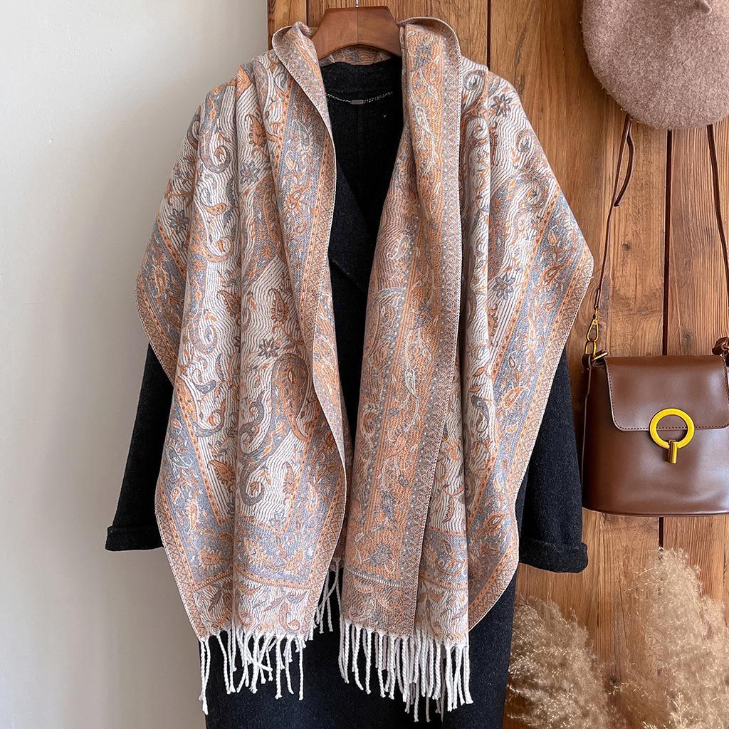 Fashion Winter Cashmere Shawl For Women - Tasseled Vintage Floral Printed Oil Painting Style Pashmina Thick Scarf & Poncho