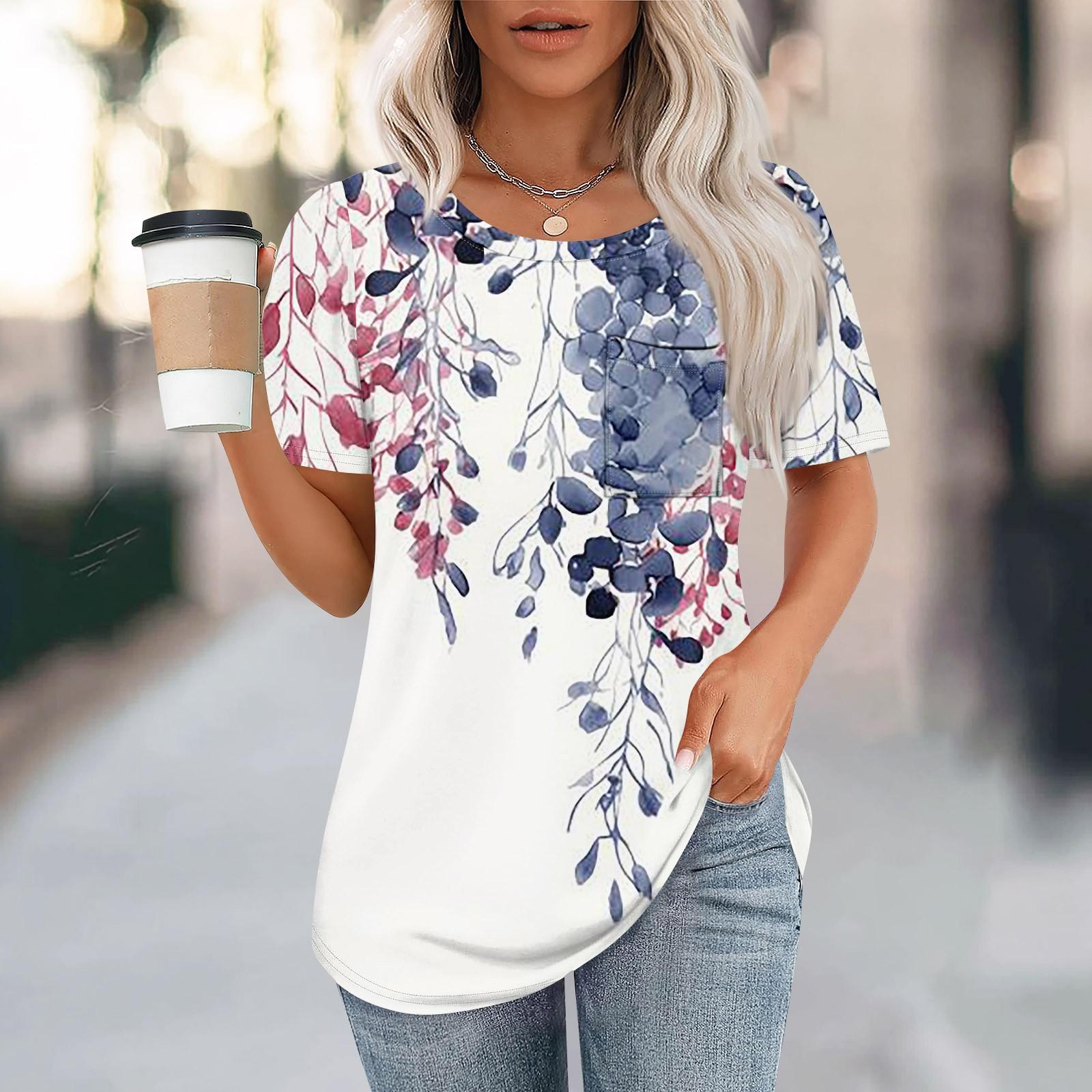 

Футболки для женщин, плиссированные, с круглым вырезом, нарядные, повседневные, блузки с принтом, с коротким рукавом, летние топы, свободный крой S