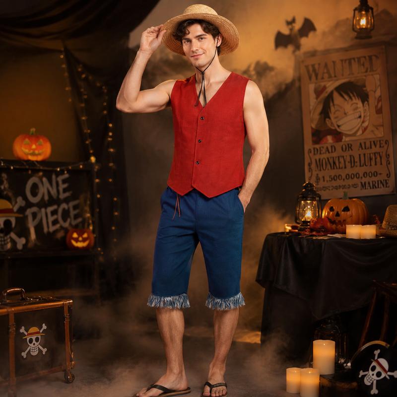 Costume Cosplay Monkey D Luffy pour Homme Adulte Tenue Anime Fête d'Halloween Gilet Rouge Short Chapeau de Paille Ensemble Corde