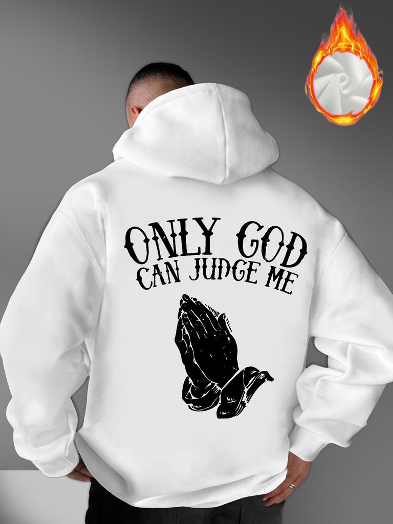 Retro Gothic Letter Praying Hands Back Print Men Hip Hop Sports Hoodie Vintage Street Loose Warm Fleece Pullover Sweatshirt