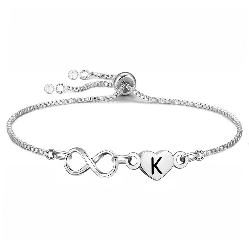 Stainless Steel Infinity Heart Initial Letter Bracelet Adjustable Slider Box Chain Bracelet for Women