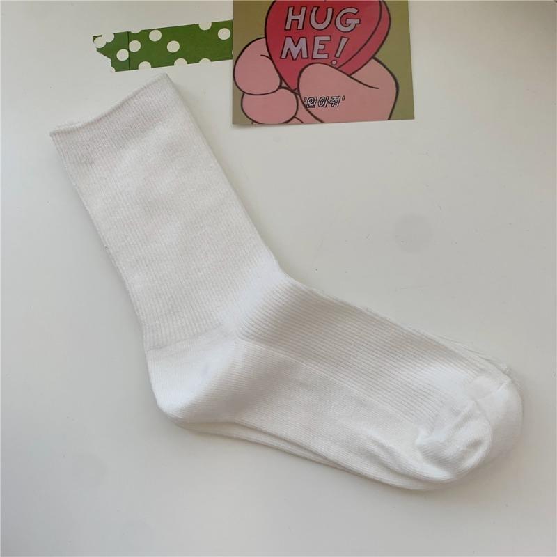 Bomull Ensfarvede Sokker for Kvinner, Høst Tynne Tynne Stripete Frotte-sokker for Kvinner, Midt-legg Sokker