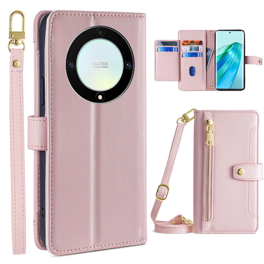 Phone Case for Honor X9a 5G/X40 5G/Magic5 Lite 5G PU Leather Zipper Pocket Card Slots Phone Cover with Straps