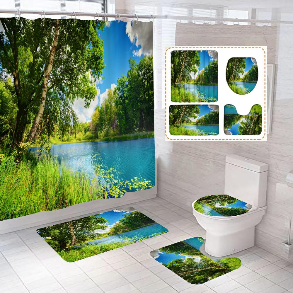 Wasserfall Landschaft Druck Duschvorhang Wald Szenerie Wasserdichte Badezimmer Vorhänge Heimdekoration Rutschfeste Teppiche Duschvorleger Set