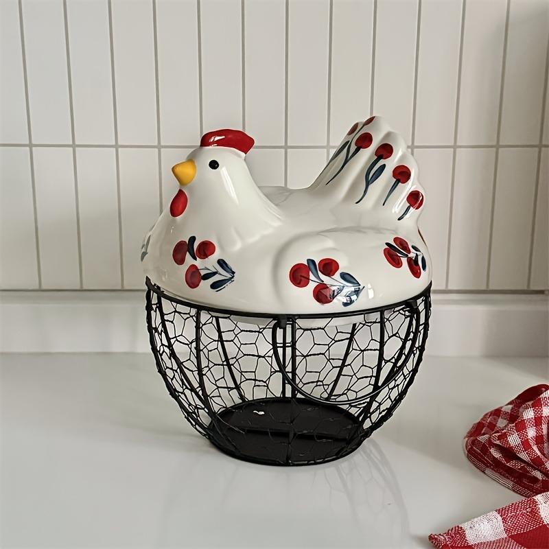 1pc Farmhouse Hen-Shaped Ceramic Egg Baske -Ceramic Egg Holder with Lid,Rustic Kitchen Organizer for Fruits/Veggies