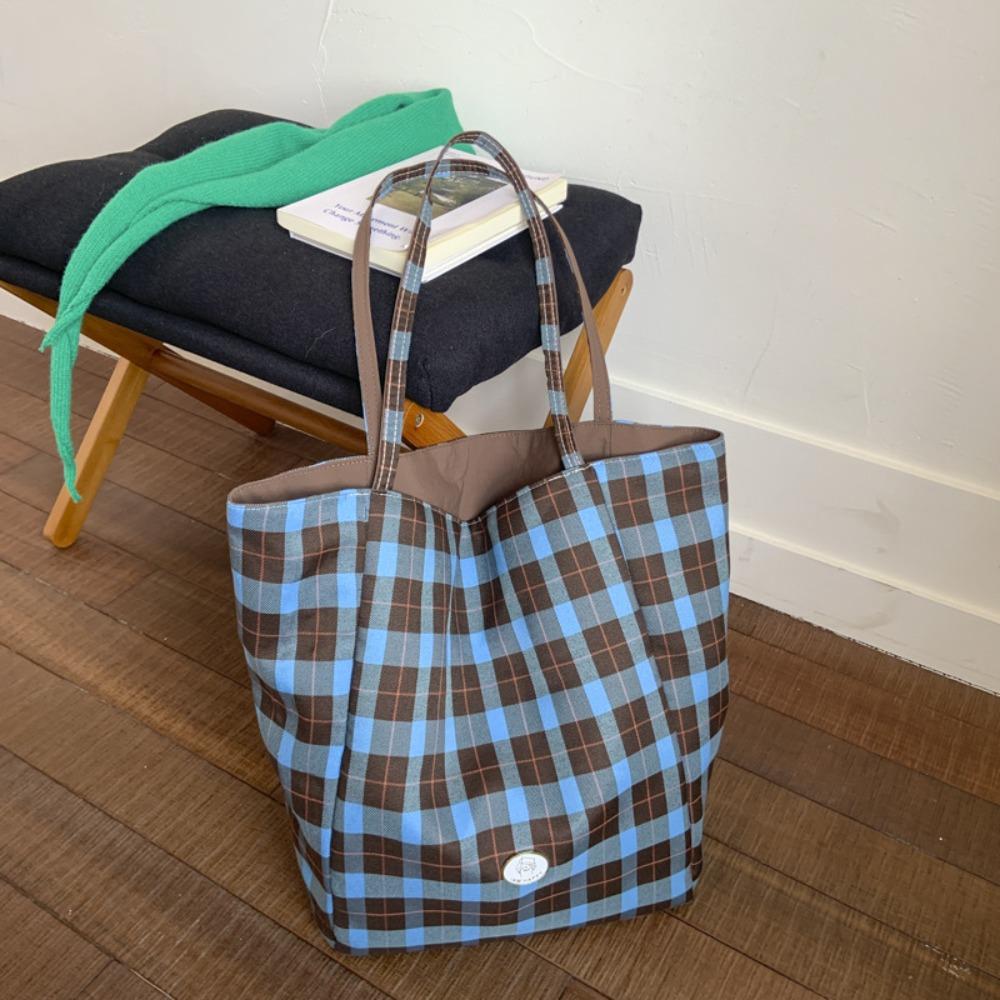 

Versatile Plaid Canvas Tote Bag Leisure Lattice Handbag Vintage Double Sided Shoulder Bag Travel кофейный