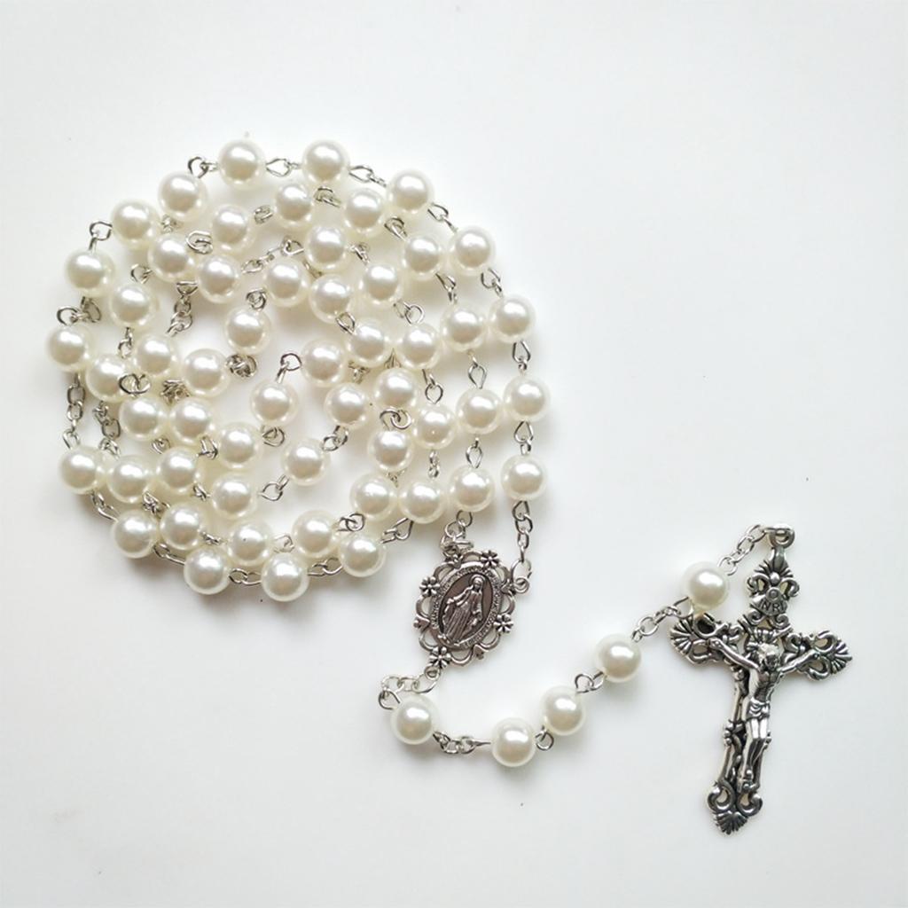 8mm Prayer Beads Rosary Necklace Mary Jesus for Cross Pendant Catholic Necklaces Religious Jewelry Women Charm Gifts