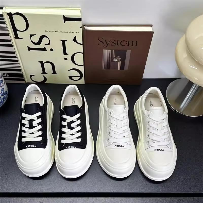 Leather Thick-soled Heightening Little White Shoes Women's Spring 2025 New Big-headed Bread Shoes Versatile Lace-up Casual Board Shoes