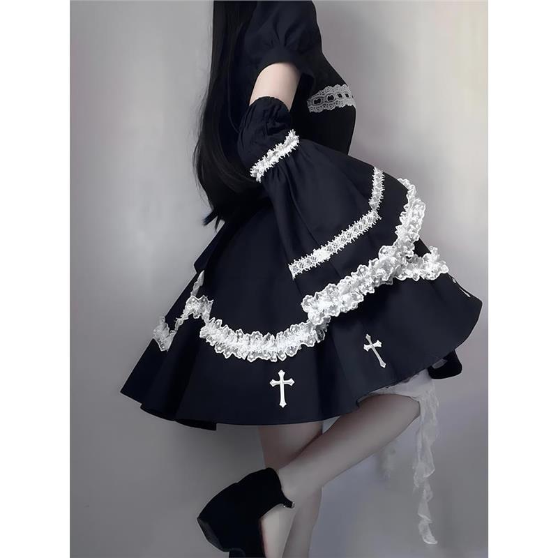 Autumn Japanese Style Gothic Cosplay Party Dress Women Long Sleeve Ruffle Lace Black Mini Dresses Y2k Vintage Lolita Dress New