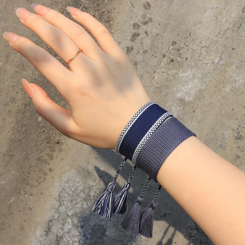 Adjustable European & American Fashion Embroidered Polyester-Cotton Tassel Bracelet with Customizable Logo