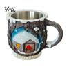 Christmas Mug Decorations Theme with Stainless Steel Liner, 3D Relief Hand Seasonal Housewarming Gifts Painted Resin Coffee Cup, Decorative Drinkware