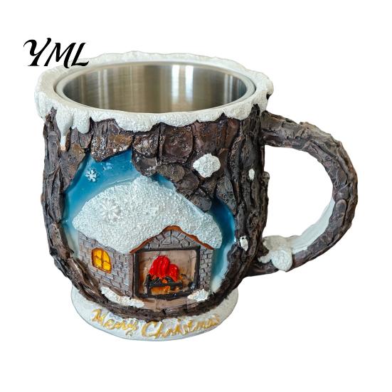 Christmas Mug Decorations Theme with Stainless Steel Liner, 3D Relief Hand Seasonal Housewarming Gifts Painted Resin Coffee Cup, Decorative Drinkware