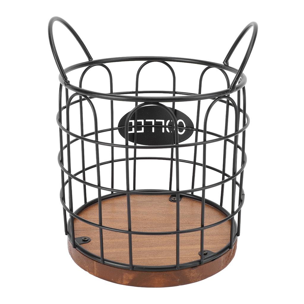 Coffee Pod Holder Iron Wire Weighte Wooden Base Coffee Capsule Storage Basket for Kitchen