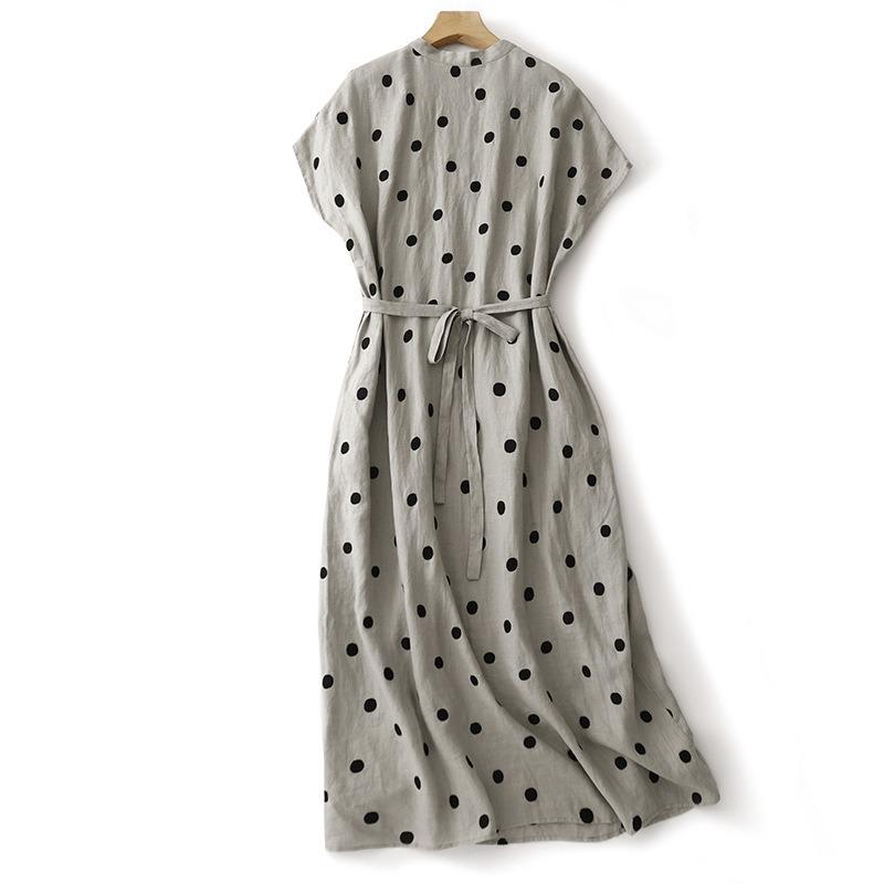 Summer New Cotton and Linen Literary and Retro Loose V-neck Short-sleeved Dress Women's Medium and Long