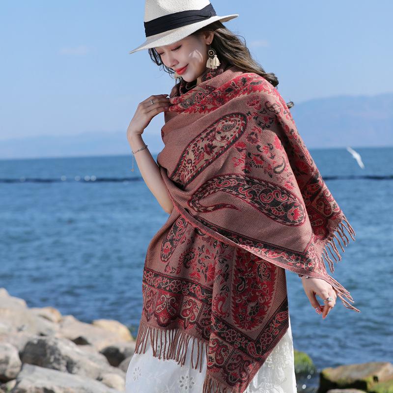 Ethnic Style Cashew Pattern Shawl Cloak Scarf: Imitation Cashmere, Thick, Dual-Purpose Women's Accessory for Autumn/Winter