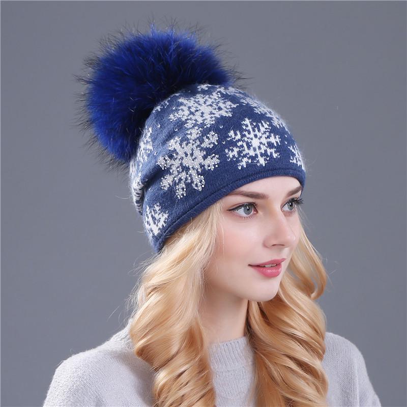 Women's Wool & Rabbit Hair Blend Snowflake Pullover Hat with 15CM Genuine Raccoon Fur Pom Pom