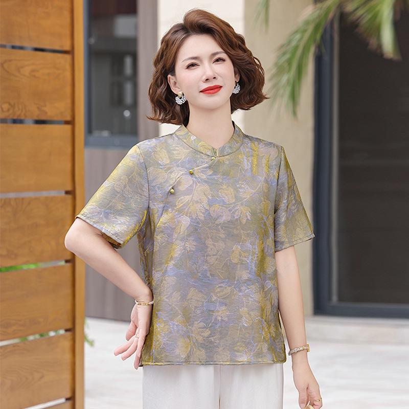 

Women s Chinese-Style Jacquard Short-Sleeve Top: Lightweight, Stylish, Mom-Friendly Retro Shirt for Summer 2XL (recommended for 110-125 jin) зелений/сірий колір