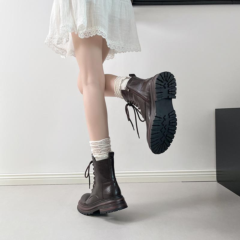 

Женские ботинки Мартин на толстой подошве 2025 осень и зима новые короткие ботинки круглый носок толстый каблук британский стиль шнуровка ретро ботинки-локомотивы одинарные b 40 коричневый