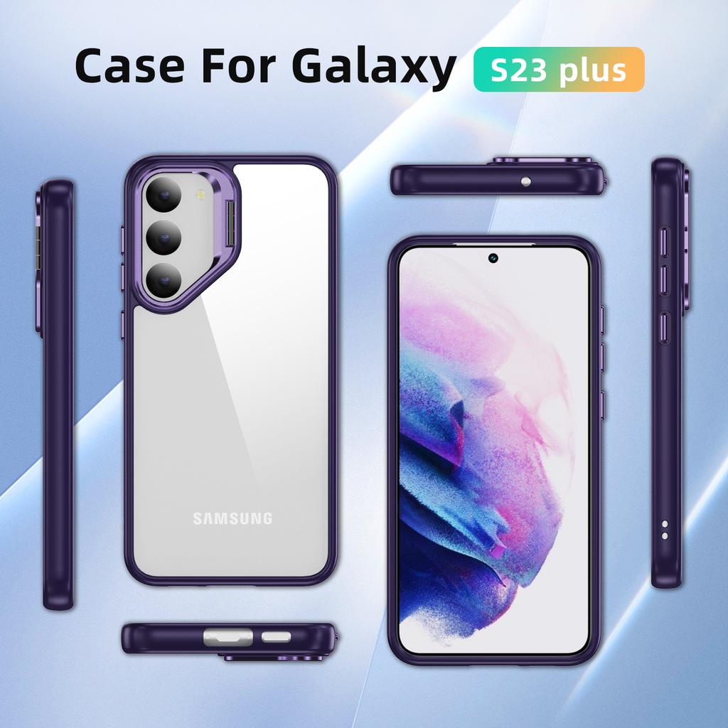 For Samsung Galaxy S23+ Case Lens Frame Kickstand TPU + Acrylic Protective Phone Cover