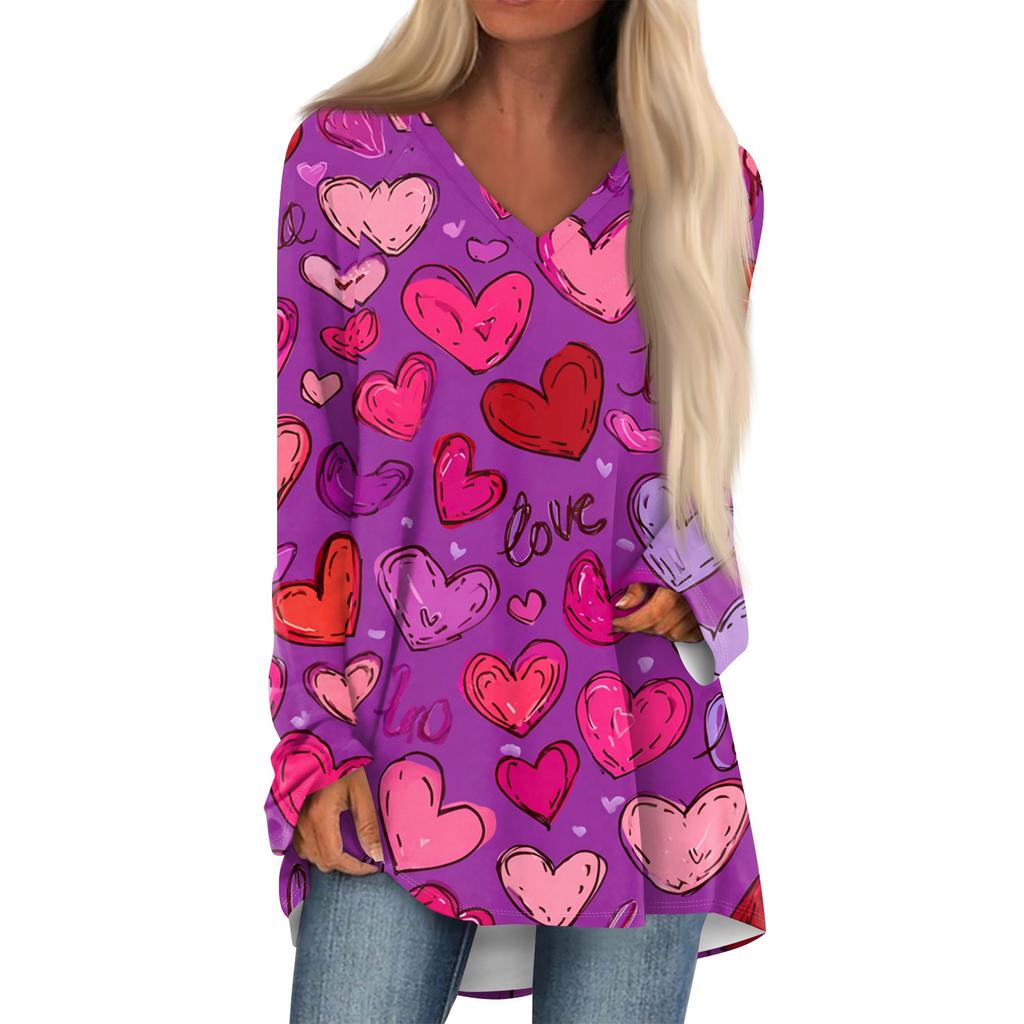 Women's Fashionable Casual Long-Sleeved Valentine's Day Print V-Neck Mid-Length Top