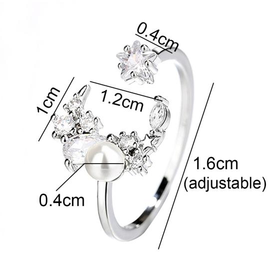 Women Cubic Zirconia Moon Faux Pearl Open Star Finger Ring Adjustable Jewelry