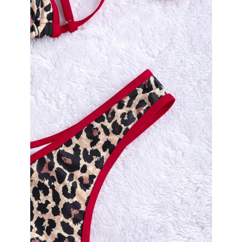 Set Bikini a Triangolo con Stampa Donna Leopardato Pois Stampa Frutta Bordi a Contrasto Laccetti Laterali Sexy Sfacciato Costume da Bagno Estivo da Spiaggia
