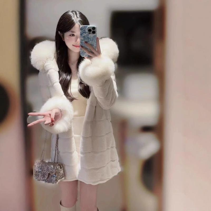 Eco-friendly fur coat women's hooded fur collar imitation fur long women's winter coat gentle celebrity
