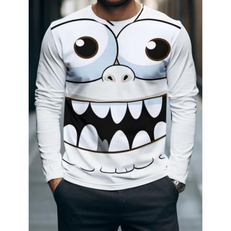 Men's Casual Autumn and Winter Printed Long-sleeved Crew Neck T-shirt